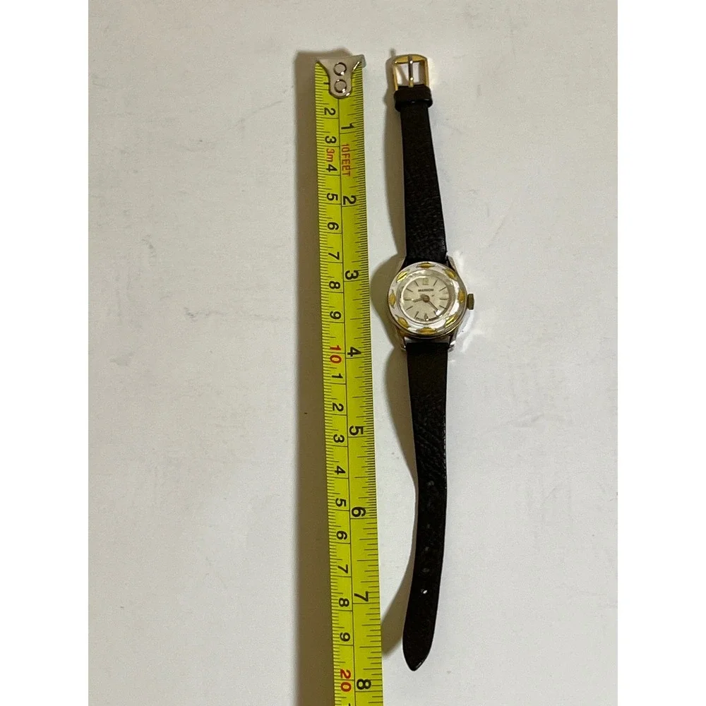 Vintage Manson Swiss Made Ladies Watch Gold Tone Round Bezel Brown Leather Strap